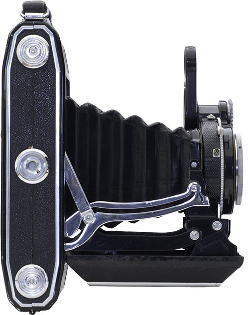 Vintage folding bellows camera photographed on white