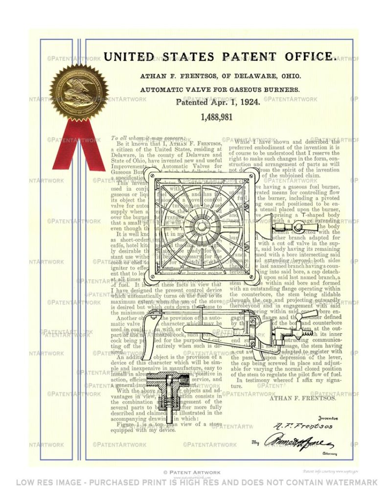 Custom patent print, drawings with a gold seal