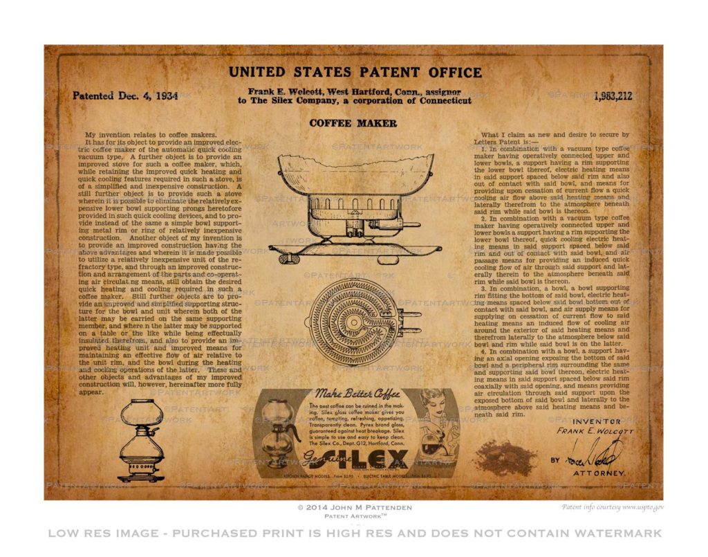 Custom patent print, coffee maker patent drawings on parchment