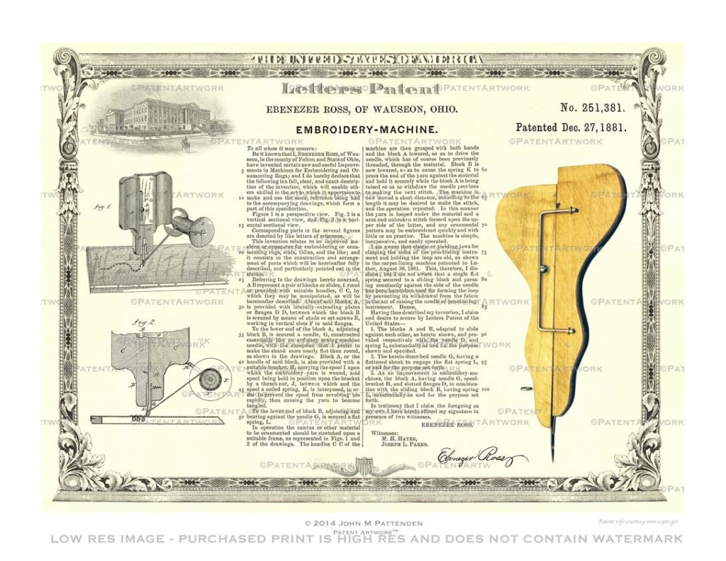 Custom patent print, embroidery machine drawings with a yellow guitar-shaped part