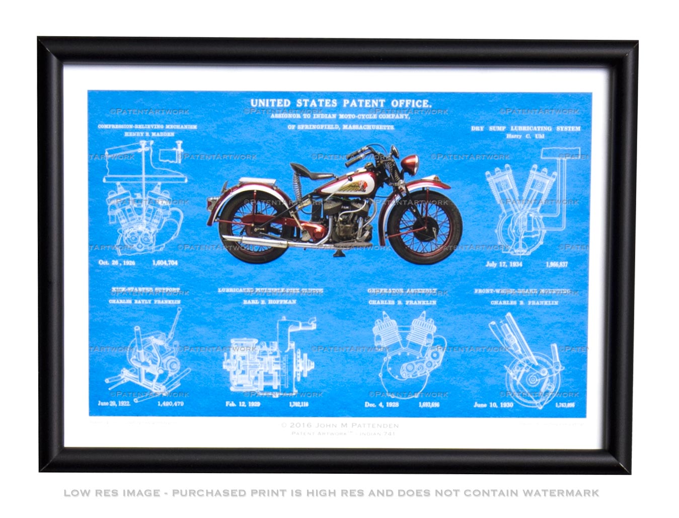Vintage motorcycle patent print in a black frame with white mat
