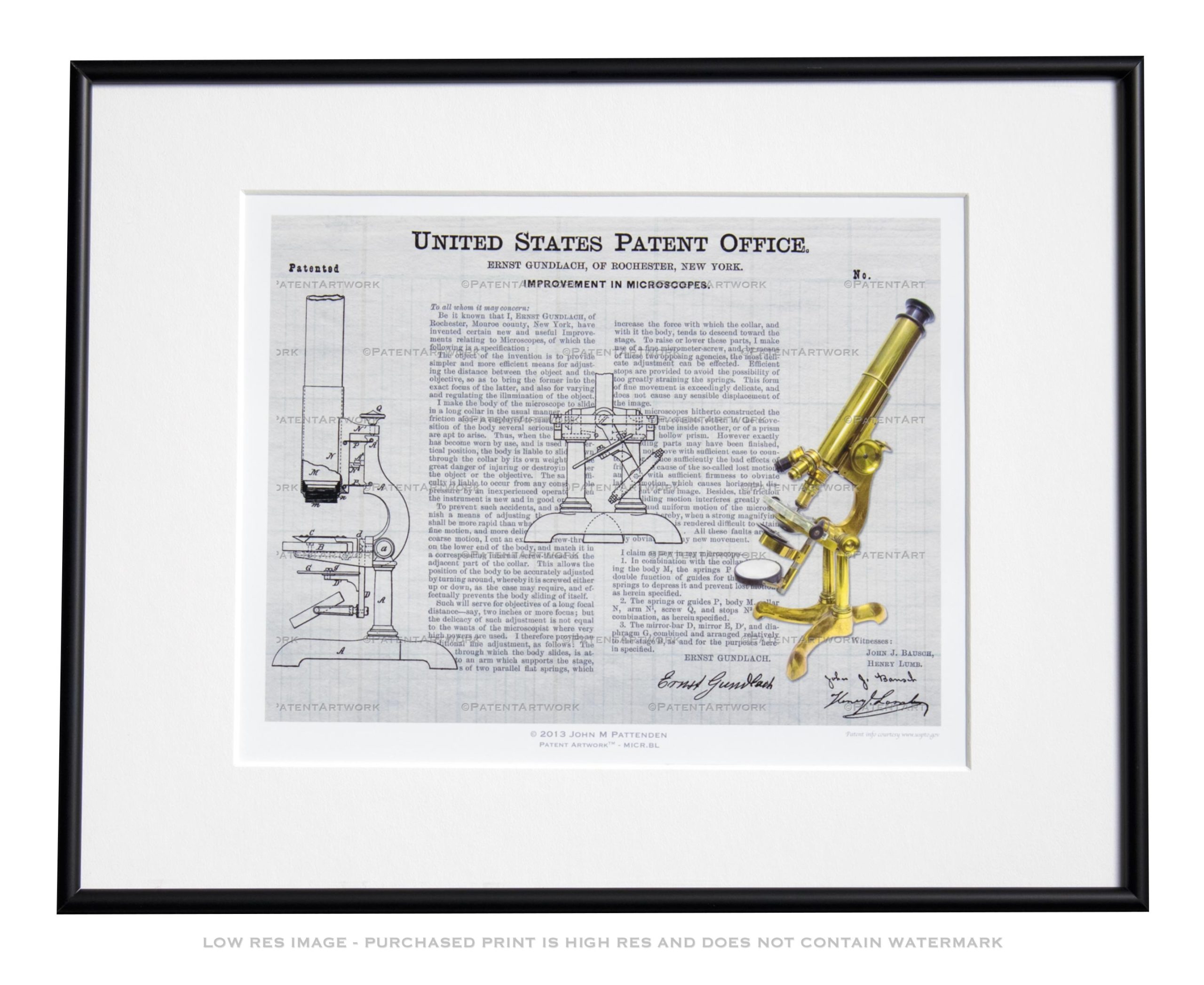 Microscope patent print in a black frame with white mat