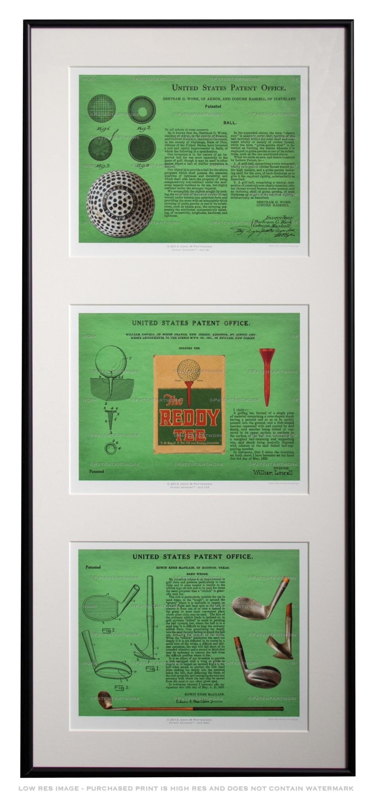 Framed patent art example: Triple 8 x 10 frame holding three patent prints